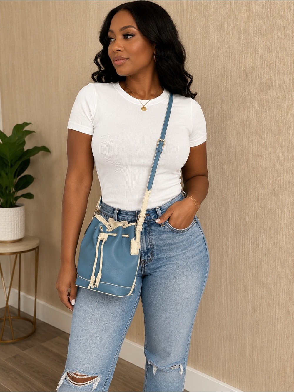 Vintage COACH Blue & White Leather Mini Bucket Drawstring Crossbody Shoulder Bag
